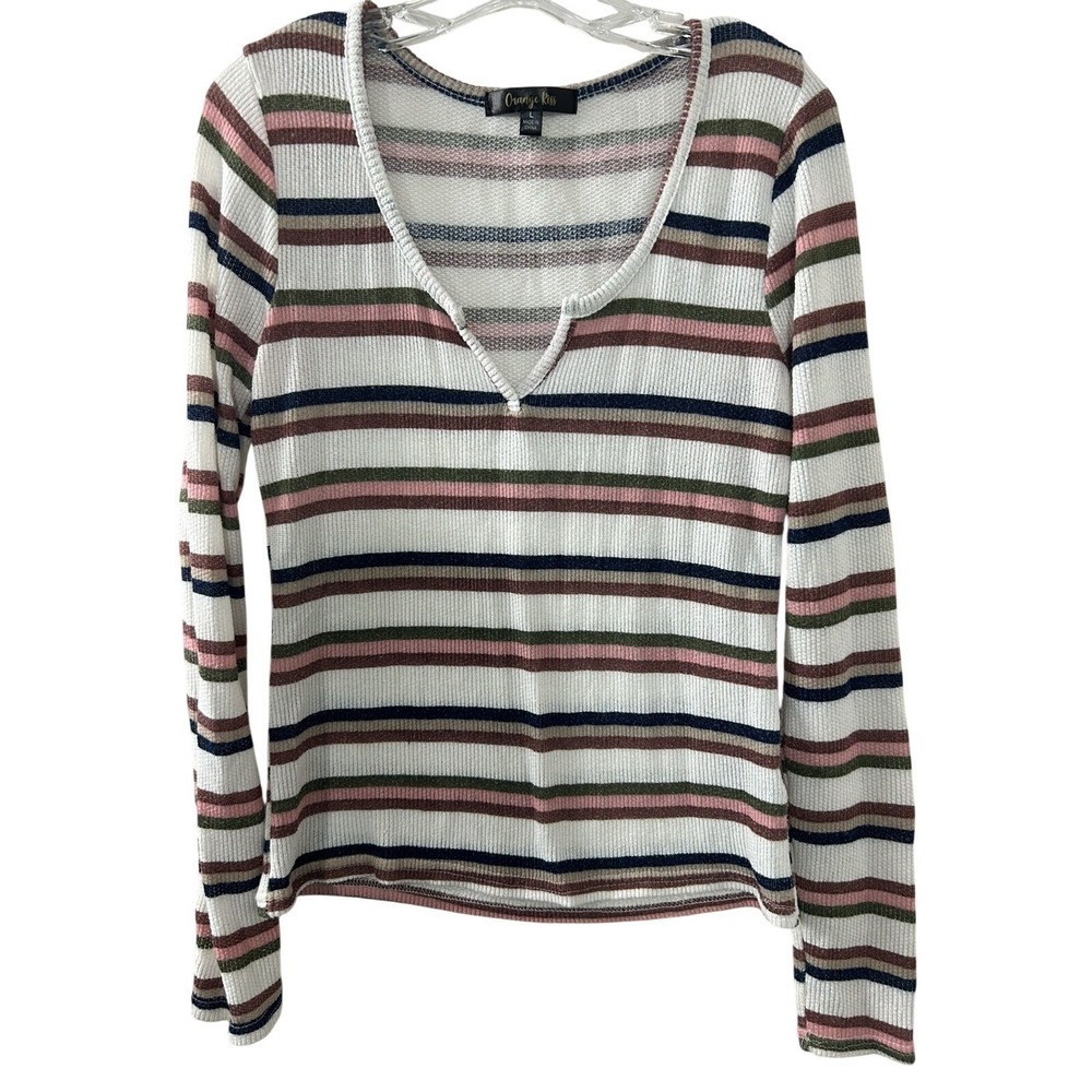 Orange Kiss Womens‎ Ribbed Striped Long Sleeve Notched V-Neck Top Size Large
